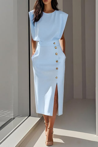 Button-Detail Slit Midi Dress