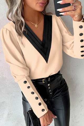 V-Neck Button Cuff Blouse