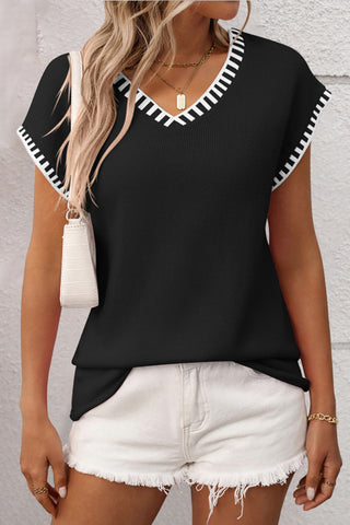 Striped Trim V-Neck Knit Top