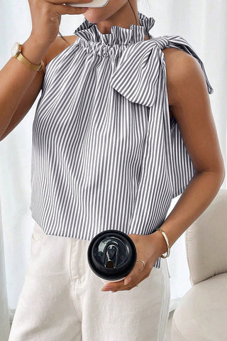 Striped Ruffle Tie-Shoulder Top