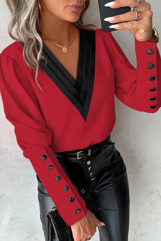 V-Neck Button Cuff Blouse