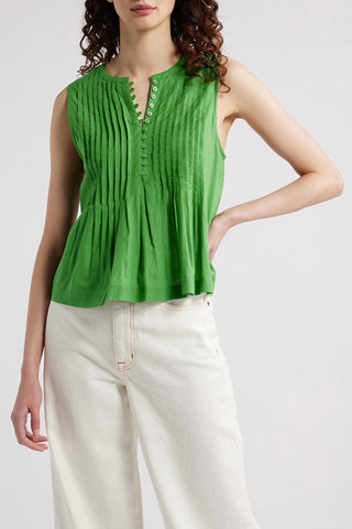 Sleeveless Pleated Blouse with Button Detail