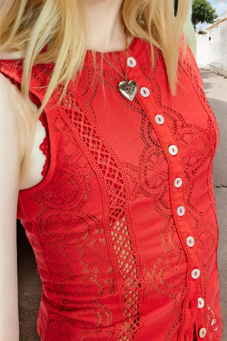 Button-Front Lace Tank Top
