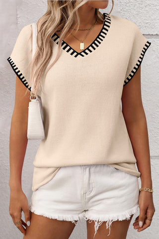 Striped Trim V-Neck Knit Top