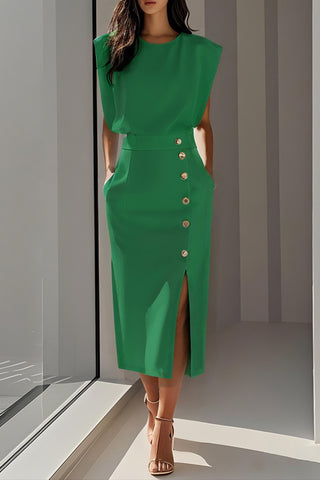 Button-Detail Slit Midi Dress
