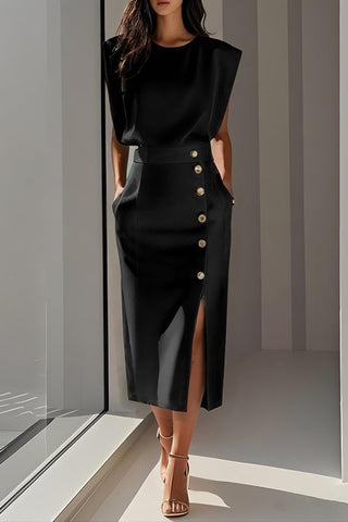 Button-Detail Slit Midi Dress