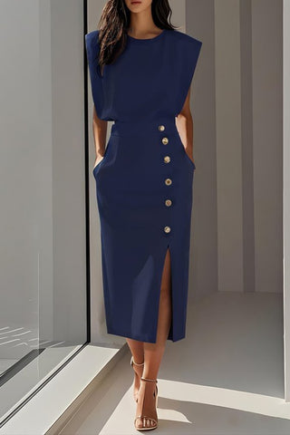Button-Detail Slit Midi Dress