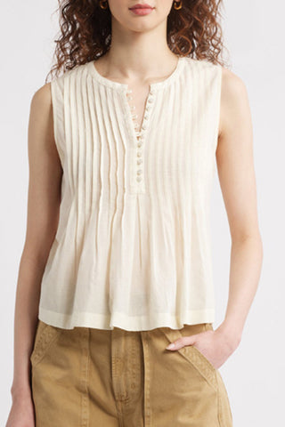 Sleeveless Pleated Blouse with Button Detail
