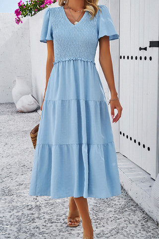 V-Neck Tiered Midi Dress