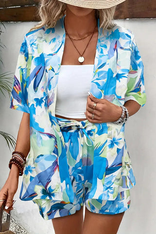 Patterned Kimono and Shorts Set