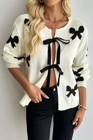Bow-Tie Front Cardigan with Patterned Design