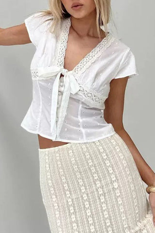 Lace-Trimmed Tie-Front Blouse
