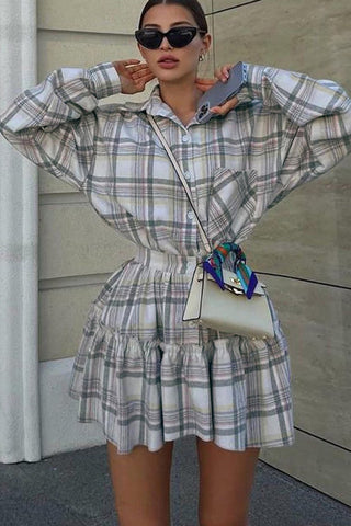 Button-Up Plaid Skirt Set