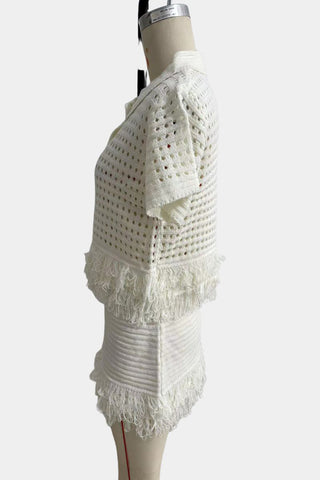 Fringe-Trimmed Skirt Set with Button Top