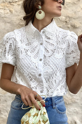 Intricate Lace Button-Up Blouse