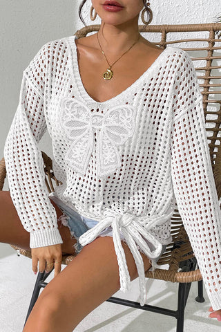 Lace Bow Open-Knit Top