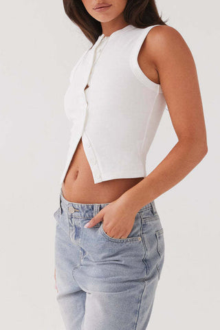 Button-Front Sleeveless Crop Top