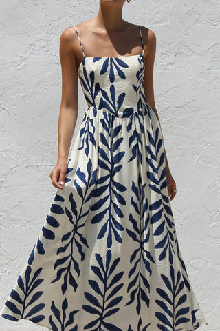 Strappy Leaf Print Midi Dress