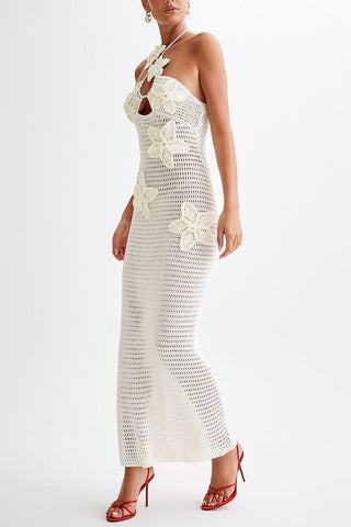 Floral Applique Halter Bodycon Dress