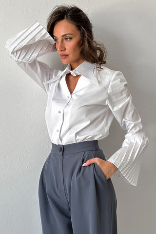 Pleated Sleeve Button-Up Blouse