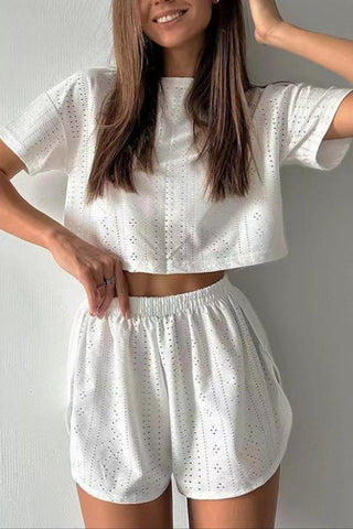 Eyelet Crop Top and Elastic Waist Shorts Set