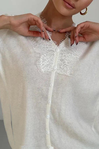 Lace-Trim Button Knit Top