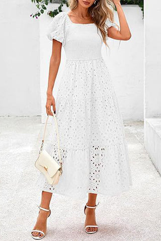 Square Neck Puff Sleeve Eyelet Dress