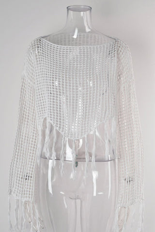 Fringe-Trim Mesh Cover-Up