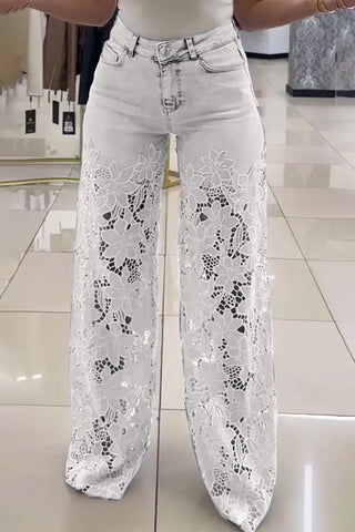 Lace Cutout Flare Denim Pants