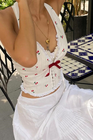 Cherry Print Halter Tie Tank Top