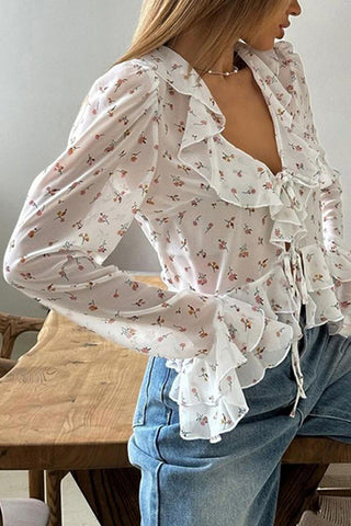 Floral Ruffle Tie-Front Blouse
