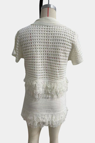 Fringe-Trimmed Skirt Set with Button Top