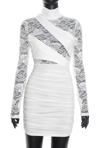 Lace Long Sleeve Ruched Evening Dress