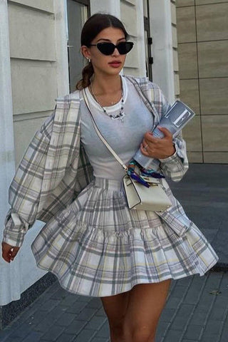 Button-Up Plaid Skirt Set