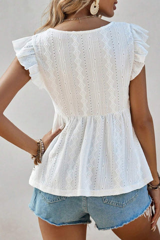 Lace Trim Ruffle Sleeve V-Neck Top