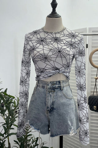 Web-Patterned Long Sleeve Crop Top