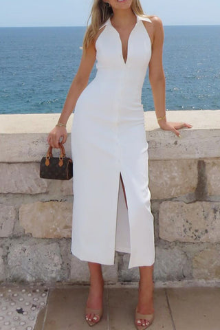 Button-Front Sleeveless Casual Dress