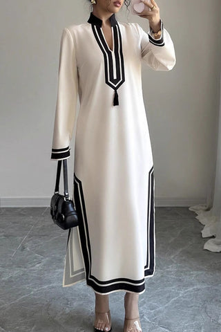 Long Sleeve Contrast Trim Casual Dress