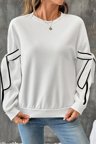 Bow-Accent Striped Sleeve Sweatshirt