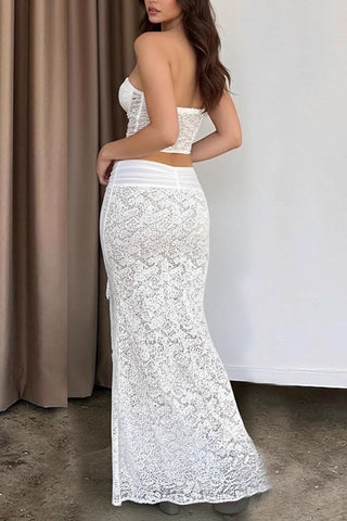 Lace Spliced Skirt Set With Ruched Detail