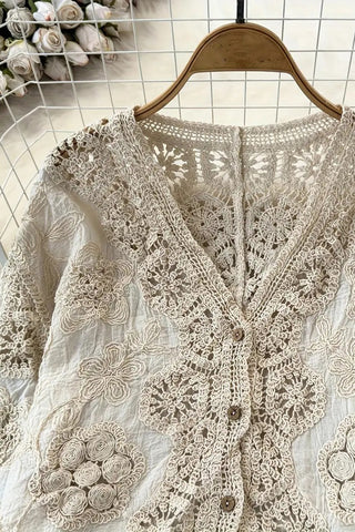 Crochet Lace Button-Up Blouse