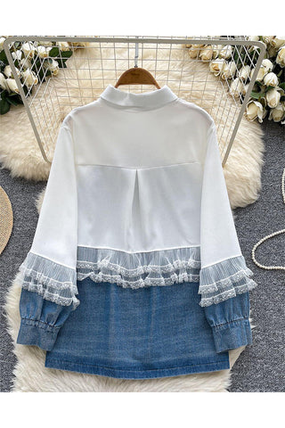 Ruffle-Trim Button-Front Denim Shirt