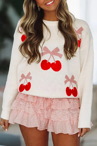 Cherry Pattern Drop Shoulder Sweater