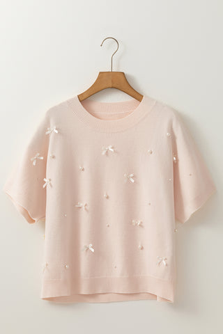 Bow Embellished Short Sleeve Sweater