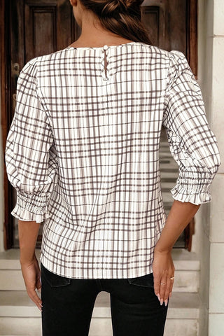 Plaid Frilled Puff Sleeve Blouse