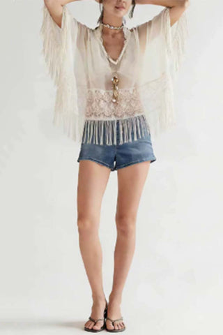 Fringe-Trim Floral Blouse