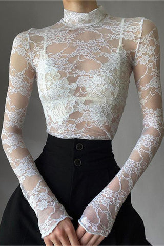 Long-Sleeve Lace Turtleneck Crop Top