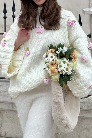 Oversized Knit Sweater with Floral Details