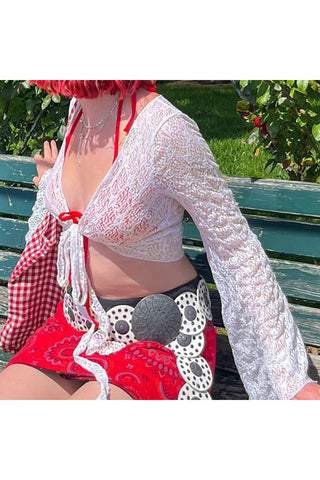 Lace Tie Front Bell Sleeve Cover-Up