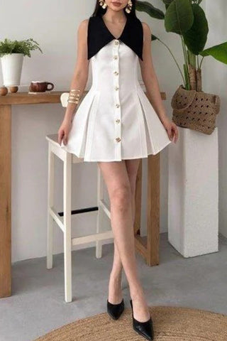 Contrast Collar Button-Up Dress